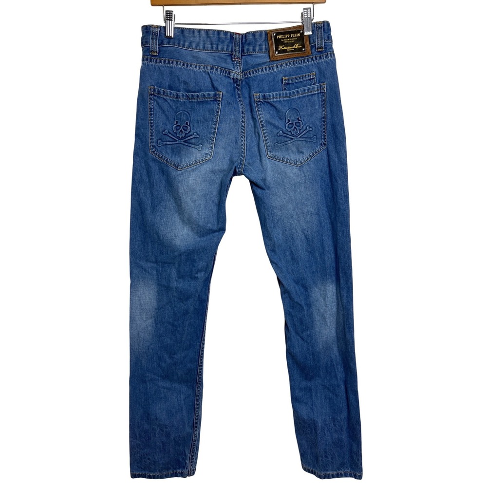 Philipp Plein Illegal Fight Club Jeans Mens 32 Blue Skull Y2K‎ Straight Cut D30